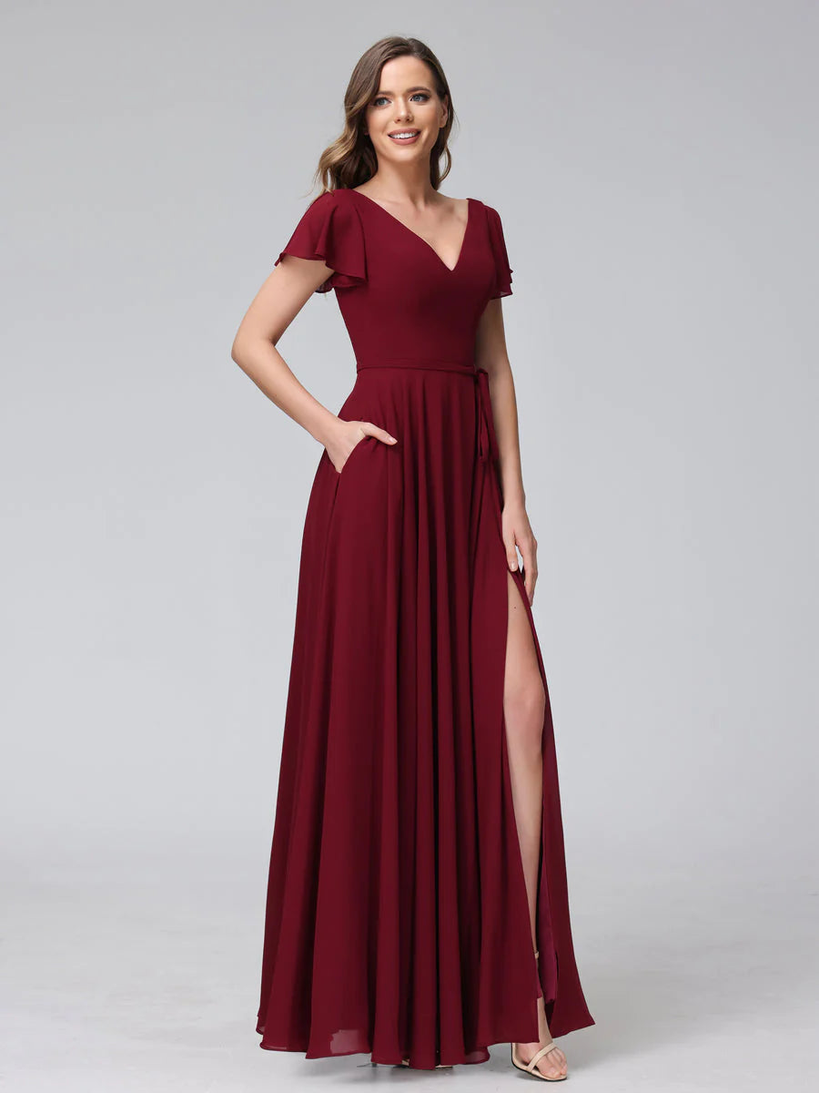 Limited-Time Offer A-Line V-Neck Ruffles Short Sleeves Long Chiffon Dresses With Split Side & Pockets Limited-Time Offer A-Line V-Neck Ruffles Short Sleeves Long Chiffon Dresses With Split Side & Pockets