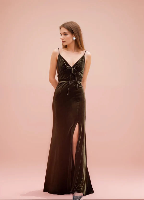 Chic And Trendy Spaghetti-straps bow design fit and flare long Velvet Dress Side Slit Chic And Trendy Spaghetti-straps bow design fit and flare long Velvet Dress Side Slit
