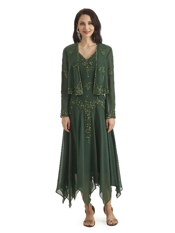 Summer Deals Elegant A-line Chiffon Tea Length Short Groom of The Bride Dresses With Jacket Summer Deals Elegant A-line Chiffon Tea Length Short Groom of The Bride Dresses With Jacket