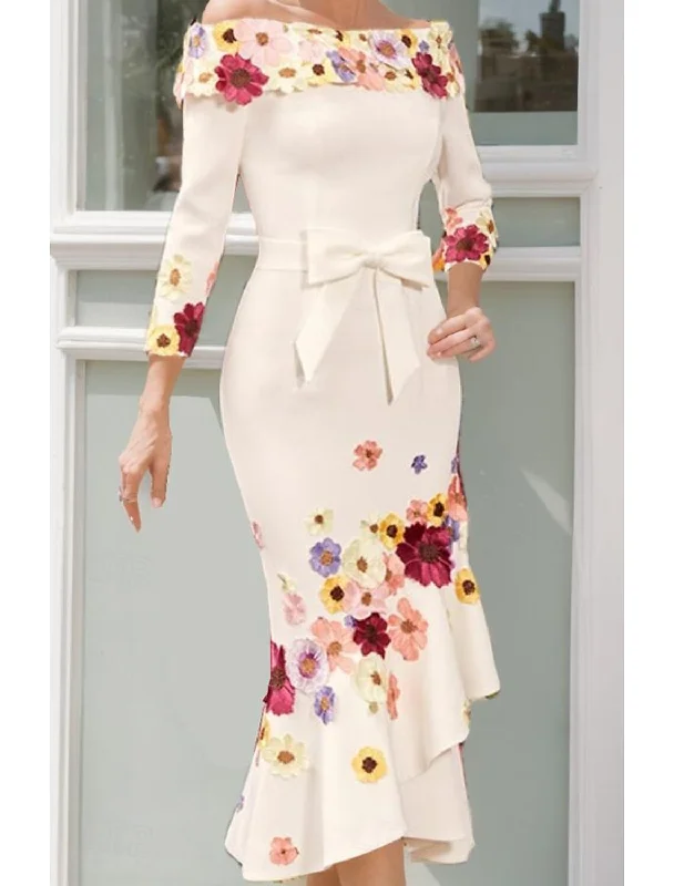 Trendy Women's Fashion Elegant Off Shoulder Floor Length Stretch Fabric 3/4 Length Sleeve with Bow(s) Ruched Mother of the Bride Dress Trendy Women's Fashion Elegant Off Shoulder Floor Length Stretch Fabric 3/4 Length Sleeve with Bow(s) Ruched Mother of the Bride Dress