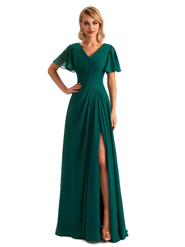 Romantic Flair Elegant Chiffon Short Sleeves A-Line Side Slit Pleats Long Mother of the Brides Dresses Romantic Flair Elegant Chiffon Short Sleeves A-Line Side Slit Pleats Long Mother of the Brides Dresses