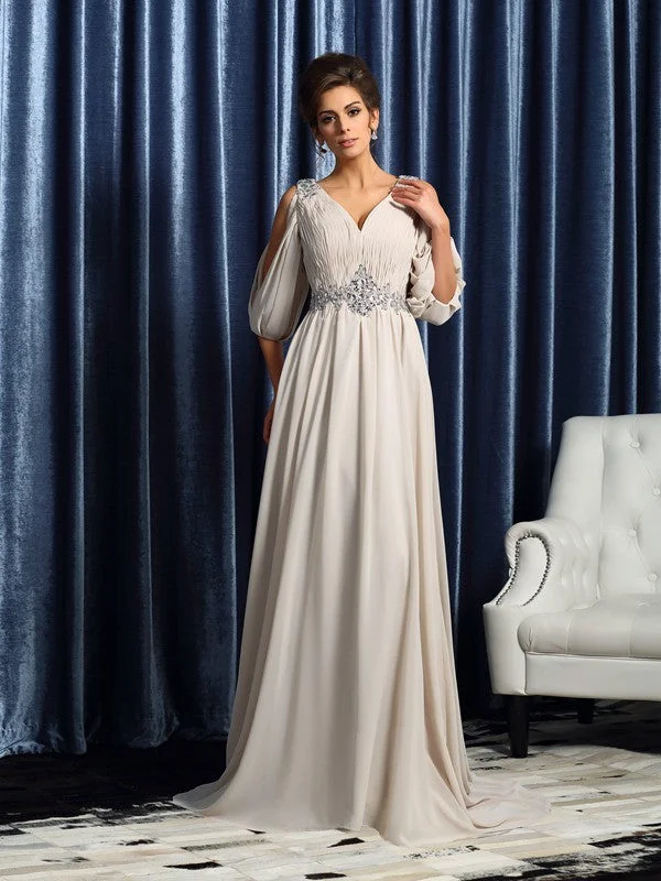 Wardrobe Essentials A-Line/Princess V-neck Beading 1/2 Sleeves Long Chiffon Mother of the Bride Dresses Wardrobe Essentials A-Line/Princess V-neck Beading 1/2 Sleeves Long Chiffon Mother of the Bride Dresses