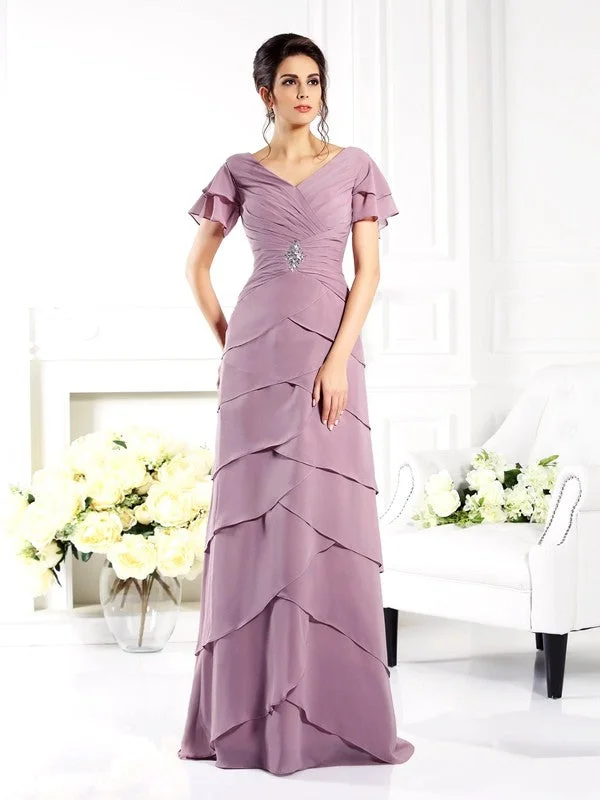 Save On Classic Elegant Styles Sheath/Column V-neck Short Sleeves Long Chiffon Mother of the Bride Dresses