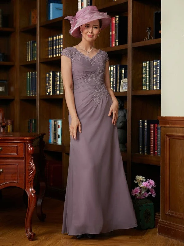 Feminine Charm Sheath/Column Chiffon Lace V-neck Short Sleeves Floor-Length Mother of the Bride Dresses Feminine Charm Sheath/Column Chiffon Lace V-neck Short Sleeves Floor-Length Mother of the Bride Dresses