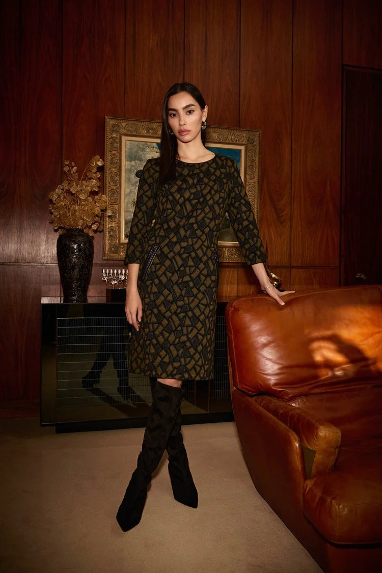 Don't Miss Out Joseph Ribkoff Olive/Black Jacquard Knit Straight Dress