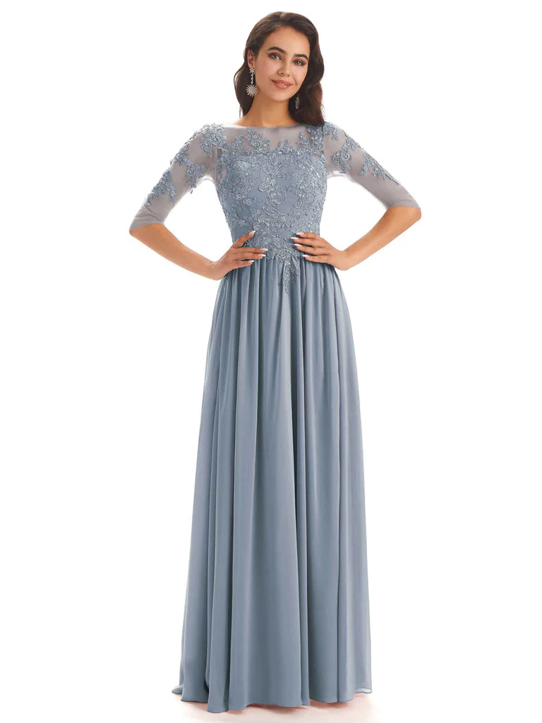 Clothing Sales Lace Chiffon Half Sleeves Floor-Length A-Line Mother Of The Groom Dresses In Stock