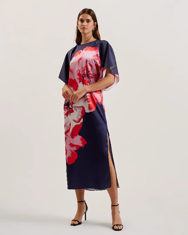 Women's Holiday Attire Lainii Printed Bat Wing Dress Navy