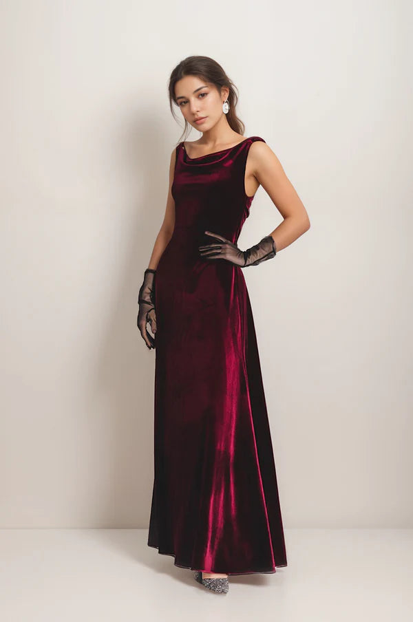 Step Ahead, Lead The Trend Elegant Back Design draped neck Hepburn Style long Velvet Dress Step Ahead, Lead The Trend Elegant Back Design draped neck Hepburn Style long Velvet Dress