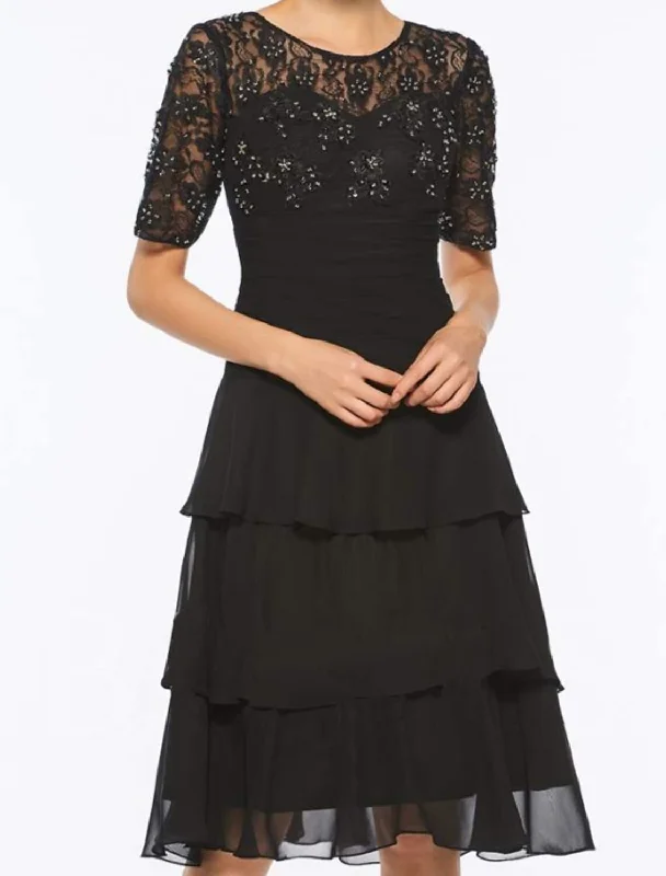 Premium Fashion A-Line Mother of the Bride Dress Elegant Jewel Neck Knee Length Chiffon Lace Short Sleeve with Embroidery Cascading Ruffles Premium Fashion A-Line Mother of the Bride Dress Elegant Jewel Neck Knee Length Chiffon Lace Short Sleeve with Embroidery Cascading Ruffles
