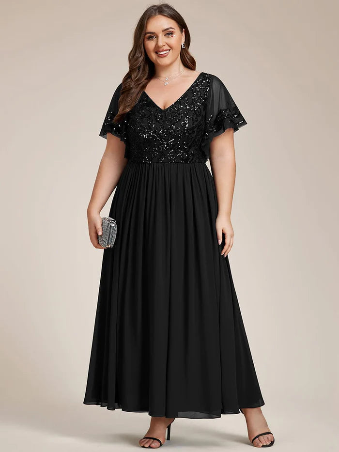 Exclusive Designer Style Deals Plus Size V-Neck Short Sleeve Sequin Bodice Mother of the Bride Dress Exclusive Designer Style Deals Plus Size V-Neck Short Sleeve Sequin Bodice Mother of the Bride Dress