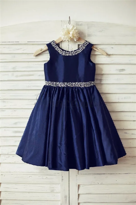 Stylish Women's Attire Round Neckline Navy Blue Flower Girl Dress