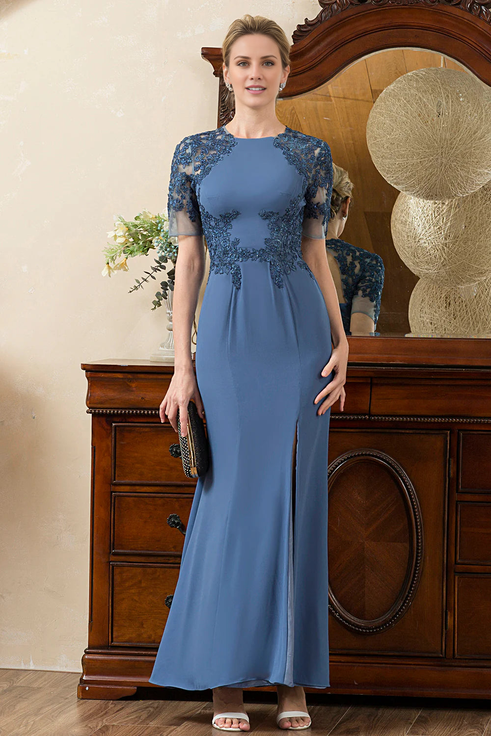 Affordable Women's Clothing Blue Mermaid Open Back Mother of the Bride Dress with Slit Affordable Women's Clothing Blue Mermaid Open Back Mother of the Bride Dress with Slit