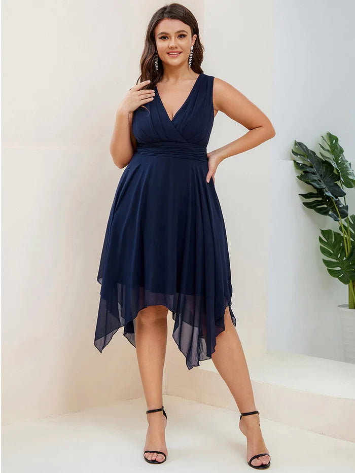 Best-Sellers Custom Size Chiffon Double V Neck Asymmetrical Hem Dress