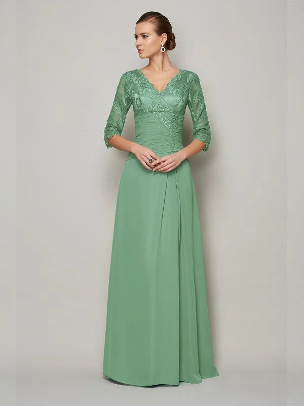 Modern Romance A-Line/Princess V-neck 3/4 Sleeves Lace Long Chiffon Mother of the Bride Dresses Modern Romance A-Line/Princess V-neck 3/4 Sleeves Lace Long Chiffon Mother of the Bride Dresses