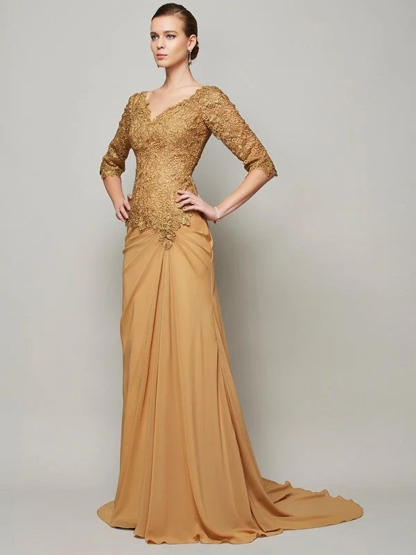 Style Upgrade Sheath/Column V-neck 1/2 Sleeves Lace Long Chiffon Dresses