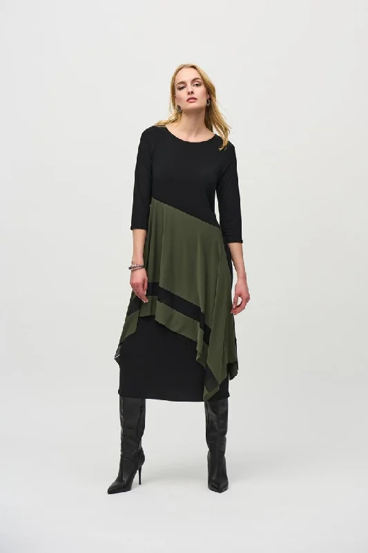 Women's Evening Wear Outfit Joseph Ribkoff Black/Iguana Silky Knit Colour Block Handkerchief Dress Women's Evening Wear Outfit Joseph Ribkoff Black/Iguana Silky Knit Colour Block Handkerchief Dress