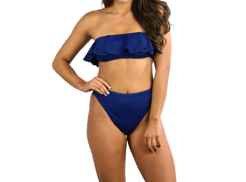 Stylish Clothes For Women Solid Ruffle Bandeau Bikini Top In Navy