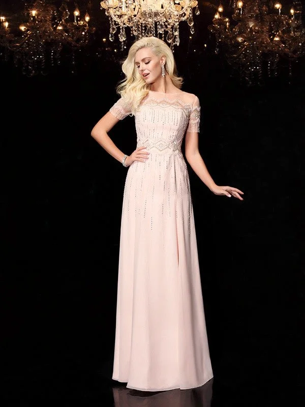 Women's Clothing With Trendy Designs A-Line/Princess Bateau Beading Short Sleeves Long Chiffon Dresses