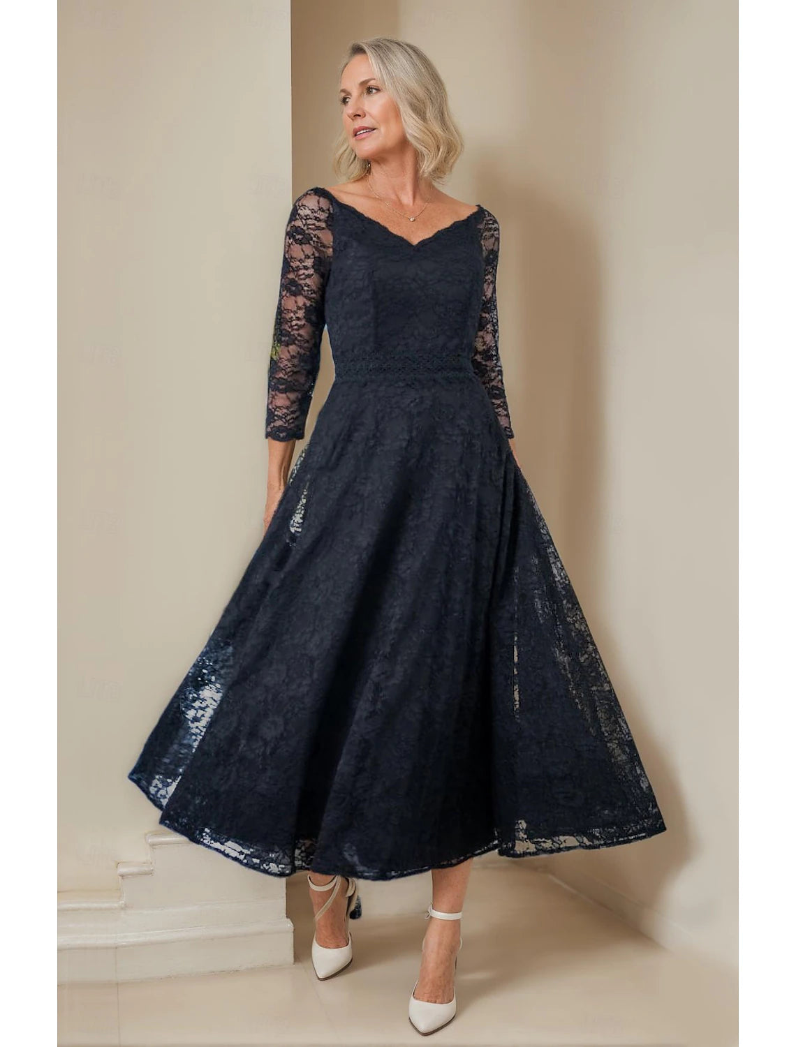 Women's Evening Attire A-Line V Neck Tea Length Lace 3/4 Length Sleeve with Lace Mother of the Bride Dress Women's Evening Attire A-Line V Neck Tea Length Lace 3/4 Length Sleeve with Lace Mother of the Bride Dress