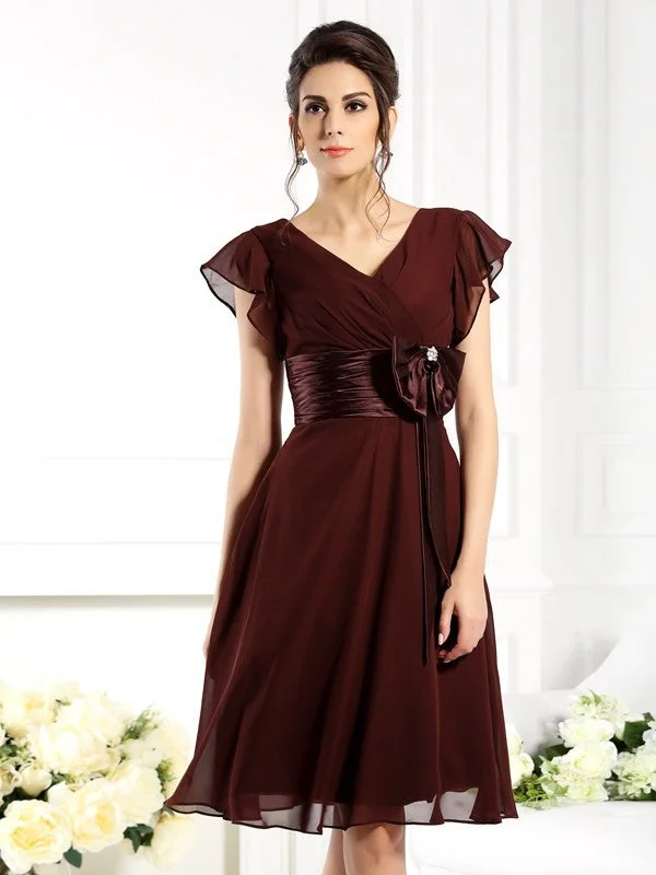 Minimalist Elegant A-Line/Princess V-neck Bowknot Short Sleeves Short Chiffon Mother of the Bride Dresses