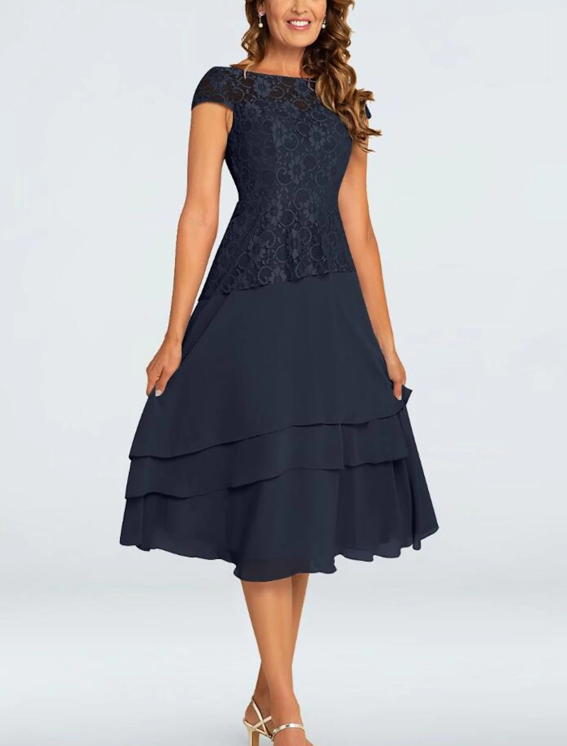 Sustainable Women's Clothing A-Line Mother of the Bride Dress Plus Size Jewel Neck Tea Length Chiffon Short Sleeve with Lace Tier Sustainable Women's Clothing A-Line Mother of the Bride Dress Plus Size Jewel Neck Tea Length Chiffon Short Sleeve with Lace Tier