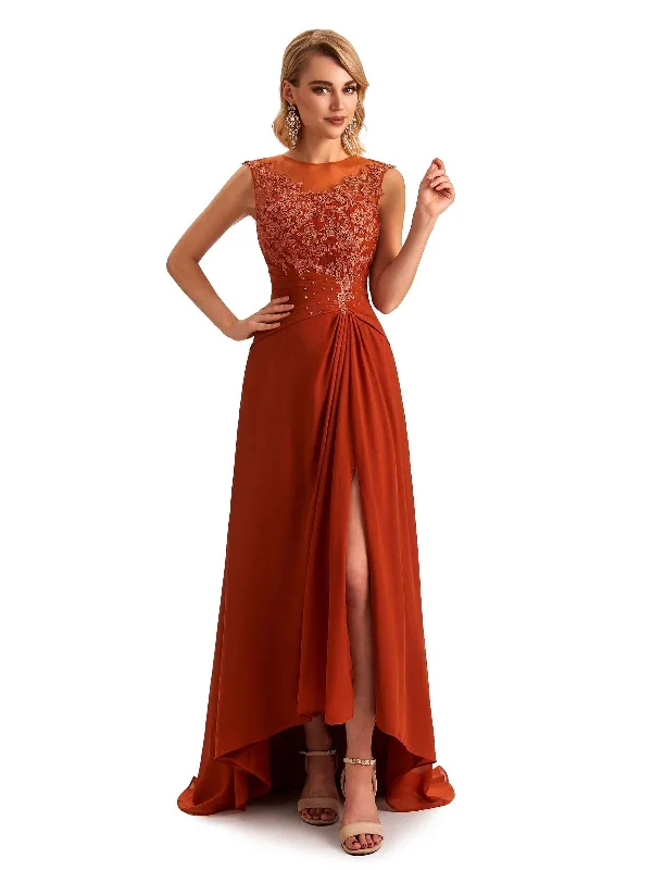 Limited Styles Elegant Chiffon Jewel Side Slit High Low Lace Beaded Mother of the Brides Dresses Limited Styles Elegant Chiffon Jewel Side Slit High Low Lace Beaded Mother of the Brides Dresses