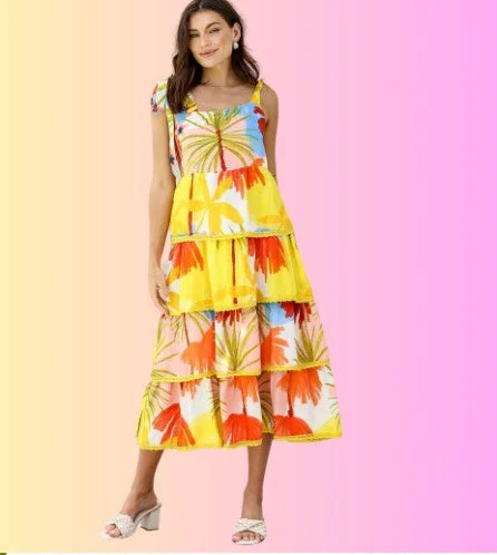 Fashion Sale Palm print tiered dress