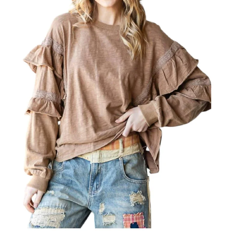 Women's Fashionable Attire For Work Cozy Ruffles Sweatshirt In Mocha Brown