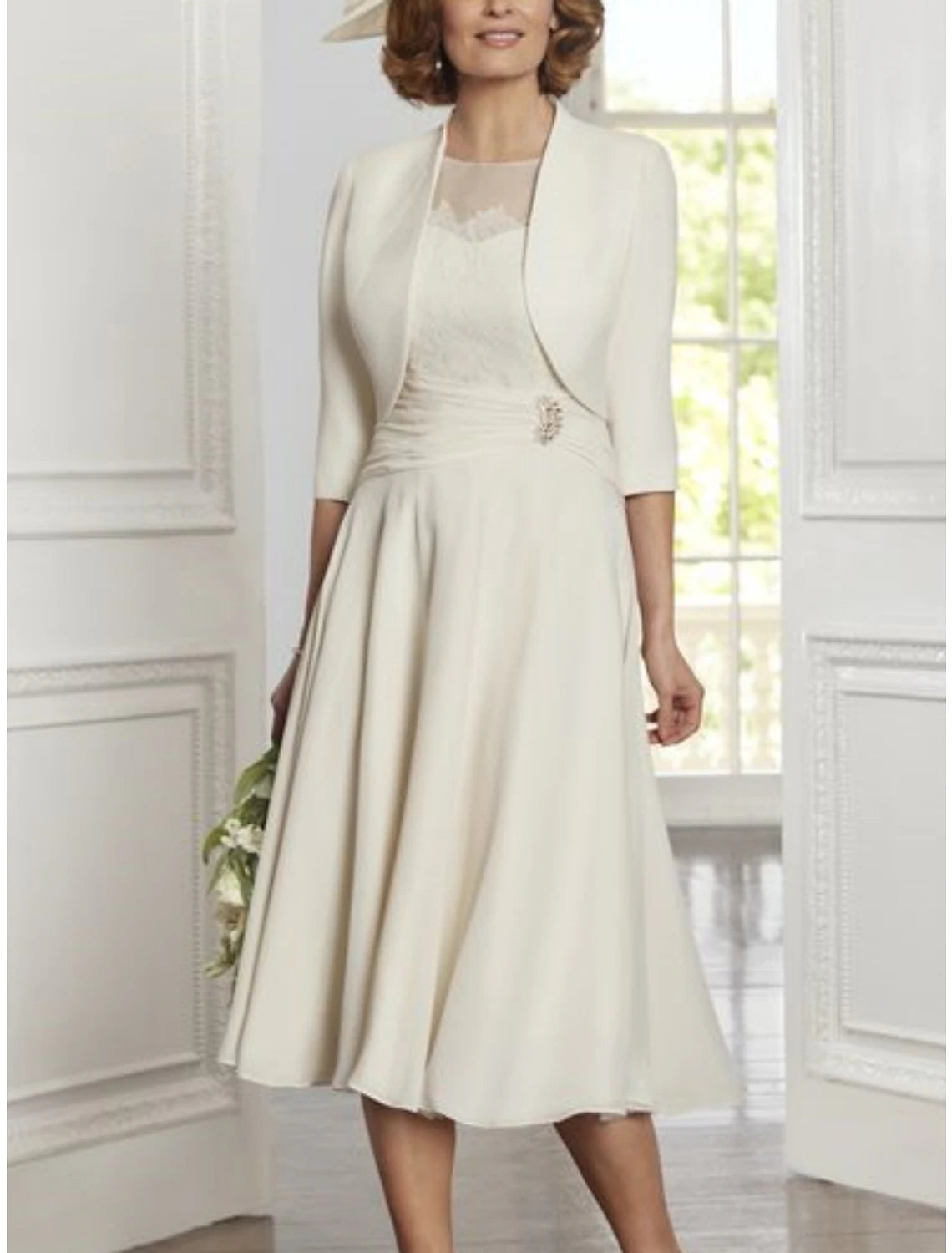 Women's Formal Event Outfit Two Piece A-Line Mother of the Bride Dress Party Elegant Scoop Neck Tea Length Lace Stretch Chiffon 3/4 Length Sleeve with Pleats Crystals Women's Formal Event Outfit Two Piece A-Line Mother of the Bride Dress Party Elegant Scoop Neck Tea Length Lace Stretch Chiffon 3/4 Length Sleeve with Pleats Crystals