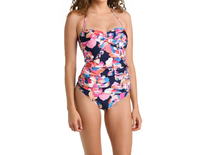 Women's Plus-Size Clothes Twist Bandeau Tankini Top In Denim Bouquet Indigo