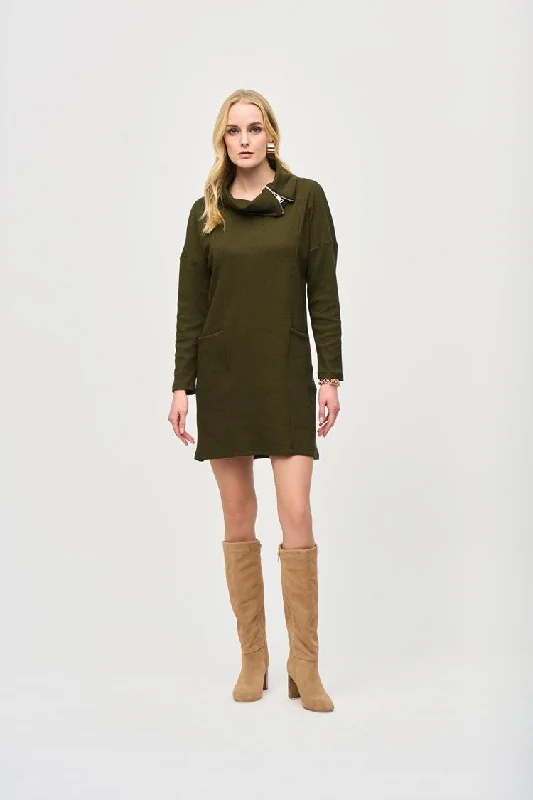 Everyday Wear Joseph Ribkoff Olive Needle Rib Zipper Collar Cocoon Dress