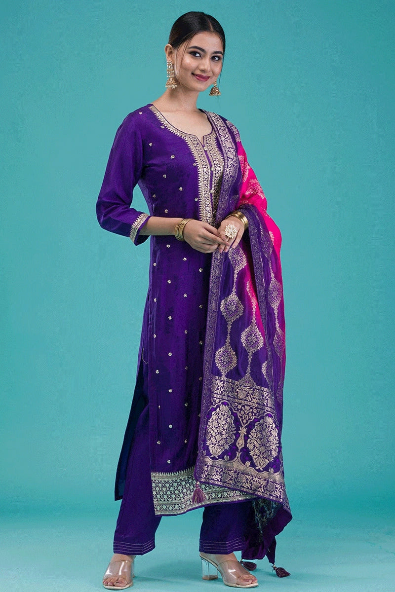 Gorgeous Glamour Collection Embroidery Work Purple Color Dress For Diwali