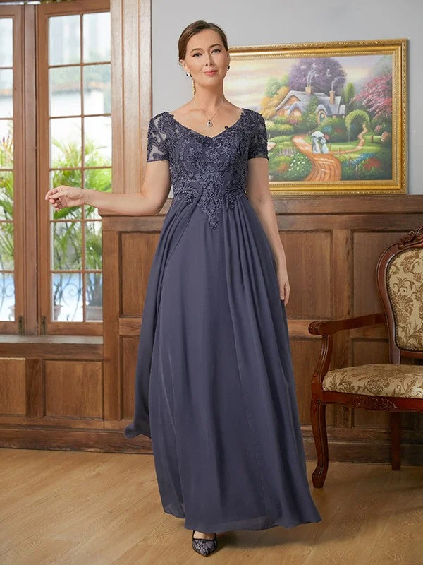 Women's Evening Garments A-Line/Princess Chiffon Applique V-neck Short Sleeves Floor-Length Mother of the Bride Dresses