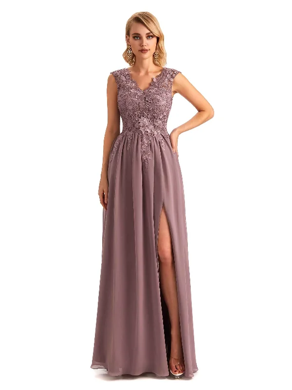 Alluring Design Elegant Side Slit Chiffon V-neck Long Lace Mother of the Brides Dresses Alluring Design Elegant Side Slit Chiffon V-neck Long Lace Mother of the Brides Dresses