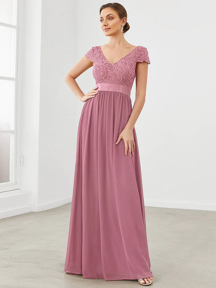 End Of Season Sale Lace Short Sleeve Maxi Mother of the Bride Dress