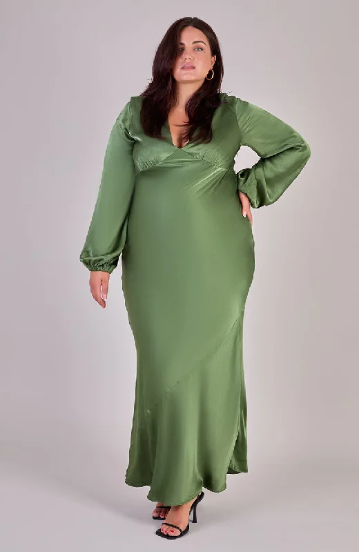 Everyday Basics Valencia Dress in Olive Viscose Satin