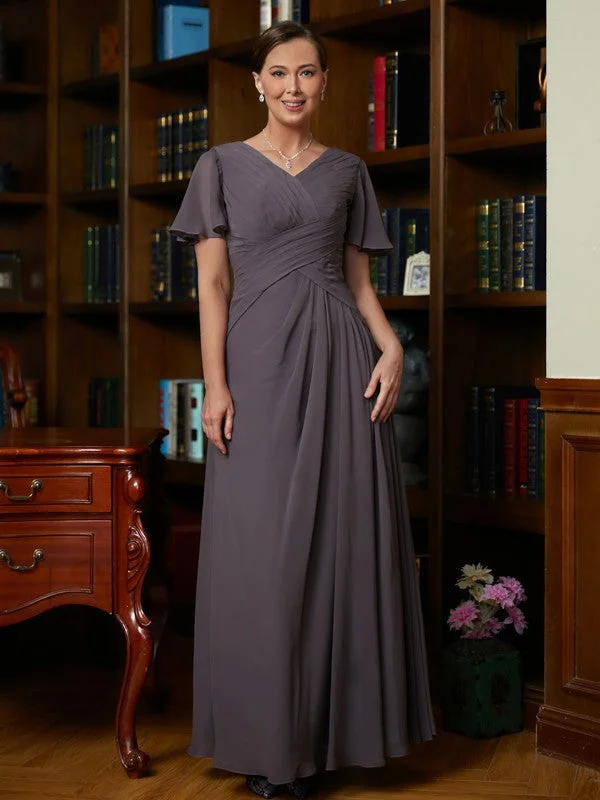 Elegant Ensemble Mother of the Bride Dresses A-Line Princess Chiffon Ruched V neck Short Sleeves Floor Length Elegant Ensemble Mother of the Bride Dresses A-Line Princess Chiffon Ruched V neck Short Sleeves Floor Length