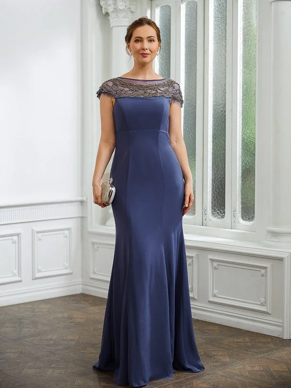 Comfortable Casual Wear Sheath/Column Chiffon Beading Bateau Short Sleeves Floor-Length Mother of the Bride Dresses