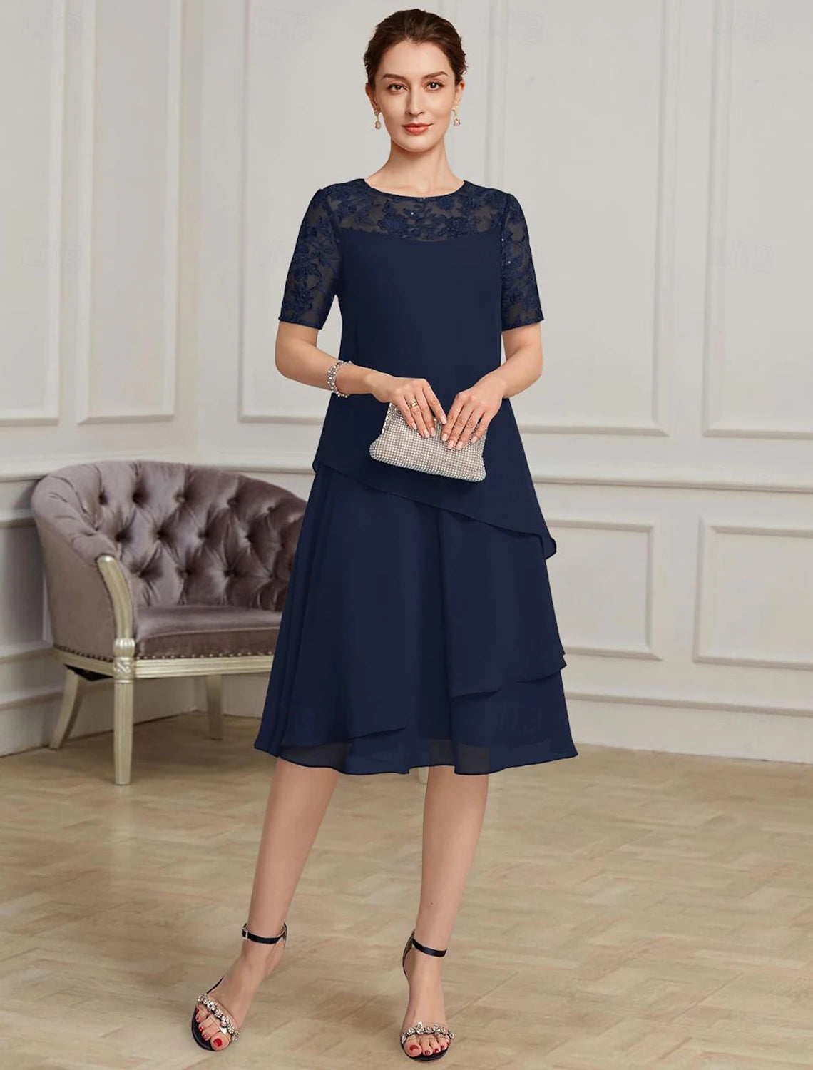 Chic Sophistication Mother of the Bride Dress Elegant Jewel Neck Length Chiffon Short Sleeve with Lace Chic Sophistication Mother of the Bride Dress Elegant Jewel Neck Length Chiffon Short Sleeve with Lace
