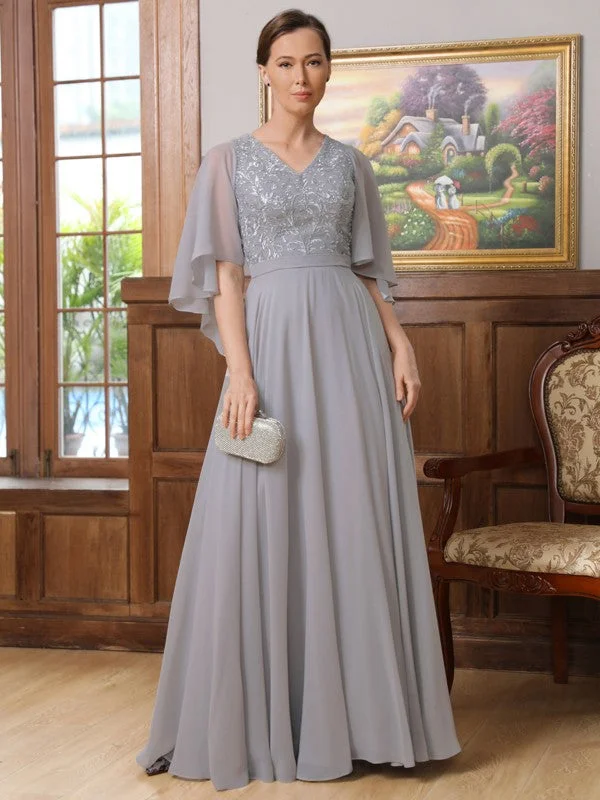 Sale Event, Prices Rock Mother of the Bride Dresses A-Line Princess Chiffon Applique V-neck 1/2 Sleeves Floor-Length