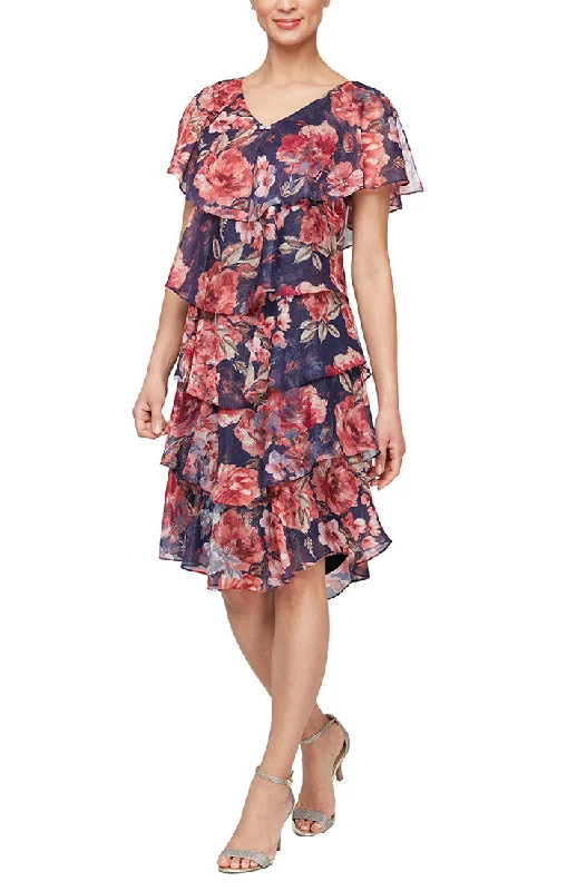Online Boutiques Clothing Short V-Neck Printed Tier Dress with Embellishment at Neckline