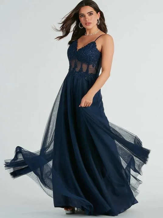Affordable Women's Clothing Navy tulle and lace corset ball dress wide