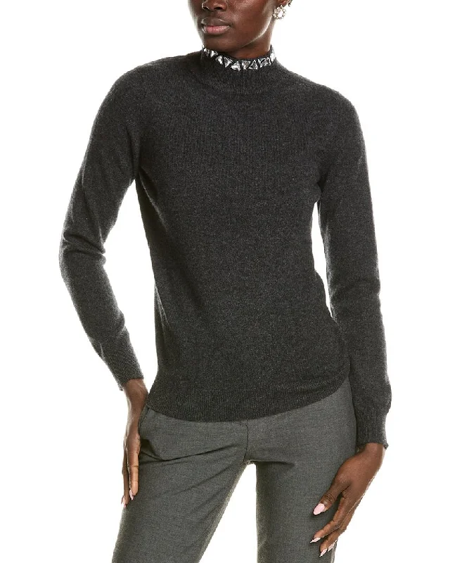 Women's Elegant Outfit sofiacashmere Stone Trim Turtleneck Cashmere Sweater