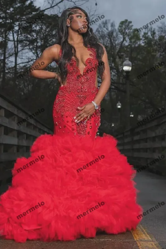 Affordable Women's Clothing Sale Online Red Trumpet Evening Birthday Gala Dresses Diamond Crystal