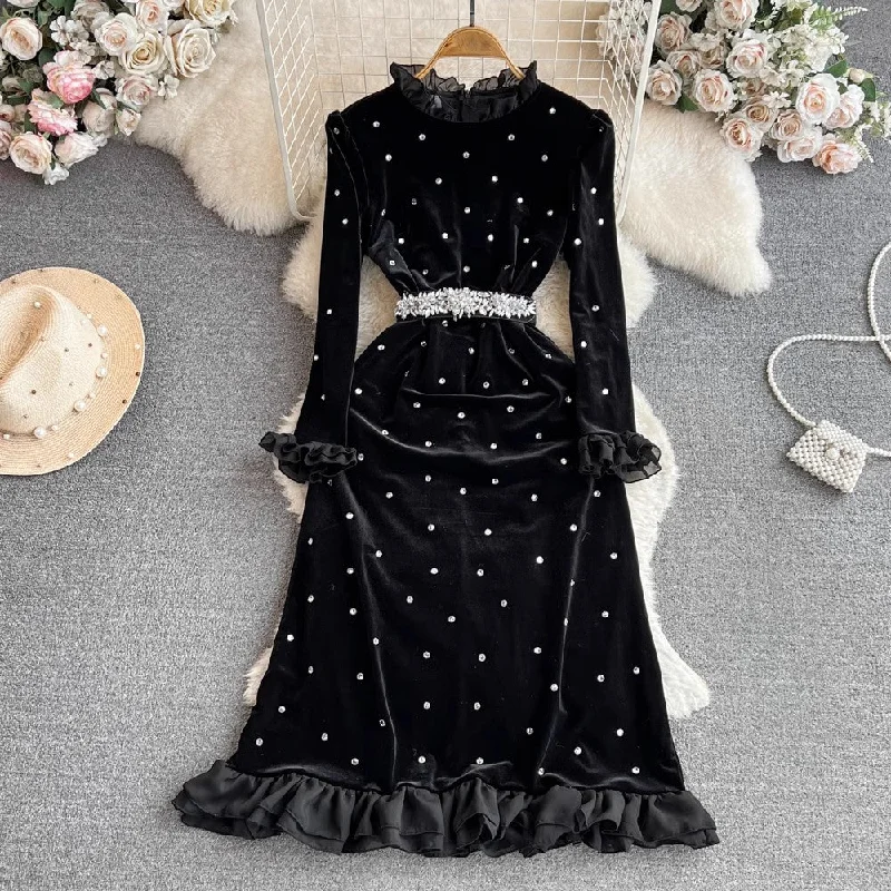Daily Deals long-sleeved diamond mid-length A-line velvet dress     S4186