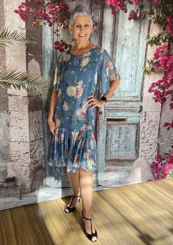 Unbeatable Discounts On The Latest Fashion Trends Fluted frilled hemline blue dress