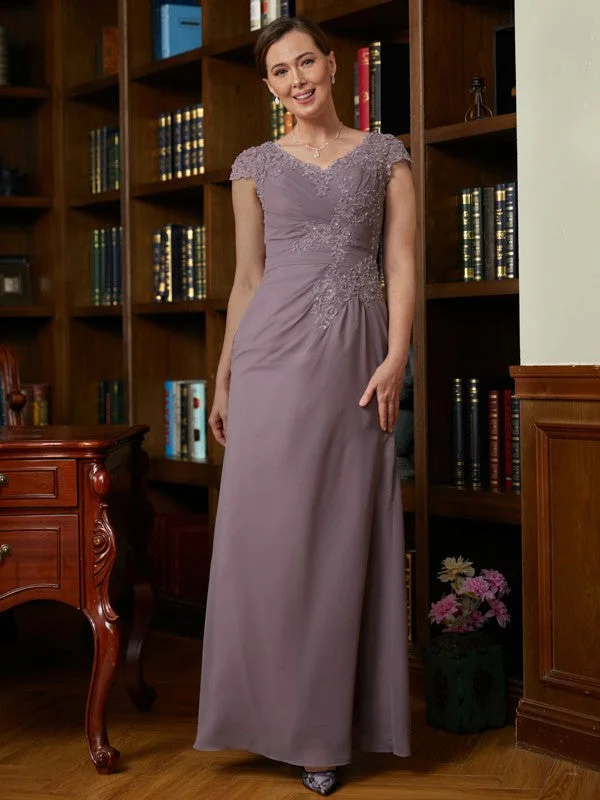 Elegant Attire Mother of the Bride Dresses Sheath/Column Chiffon Lace V neck Short Sleeves Floor-Length Elegant Attire Mother of the Bride Dresses Sheath/Column Chiffon Lace V neck Short Sleeves Floor-Length
