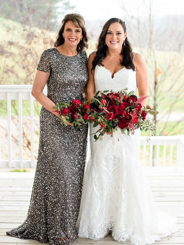 Chic Everyday Wear Sheath/Column Sequins Scoop Short Sleeves Sweep/Brush Train Mother of the Bride Dresses
