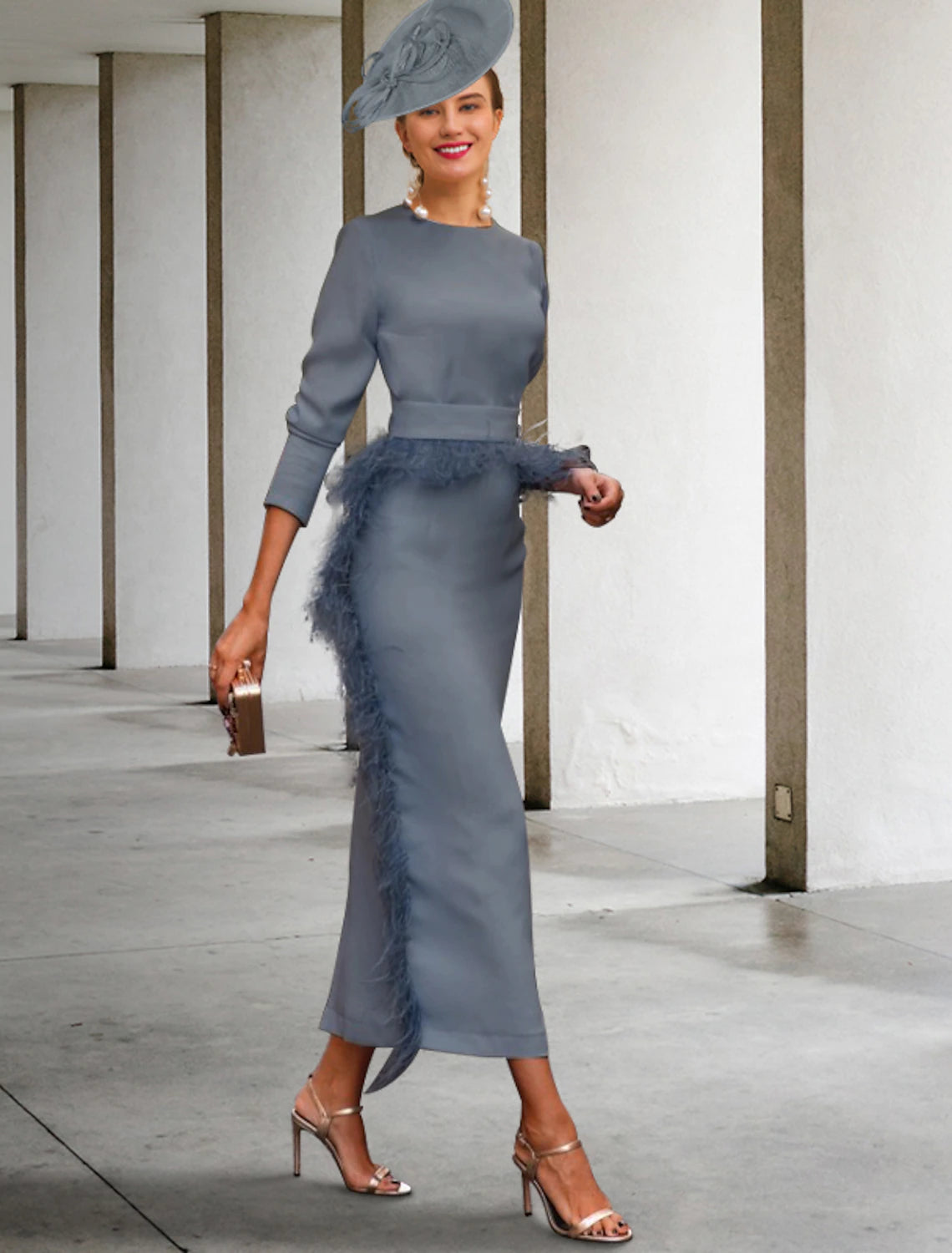 Style Streetwear Sheath / Column Mother of the Bride Dress Vintage Elegant Jewel Neck Ankle Length Stretch Fabric Half Sleeve with Feather Sash / Ribbon Style Streetwear Sheath / Column Mother of the Bride Dress Vintage Elegant Jewel Neck Ankle Length Stretch Fabric Half Sleeve with Feather Sash / Ribbon
