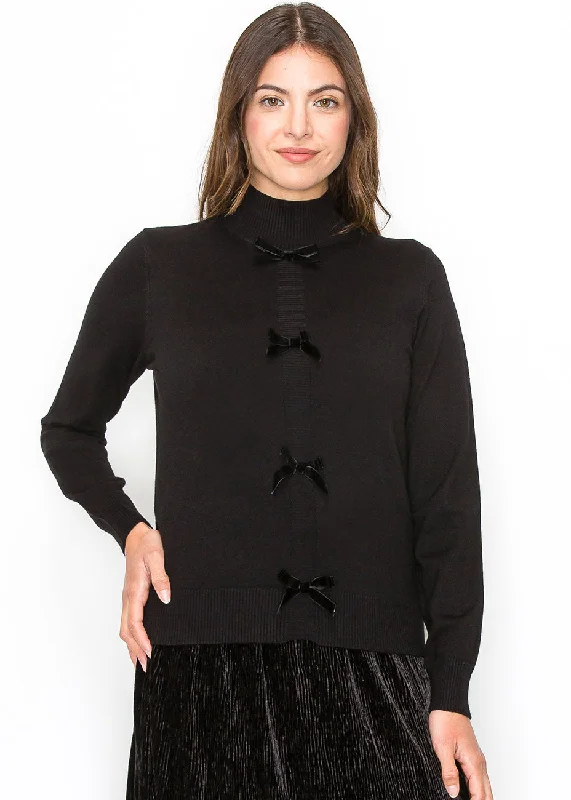 Women's Luxury Apparel Bow-Accented Black Knit Sweater